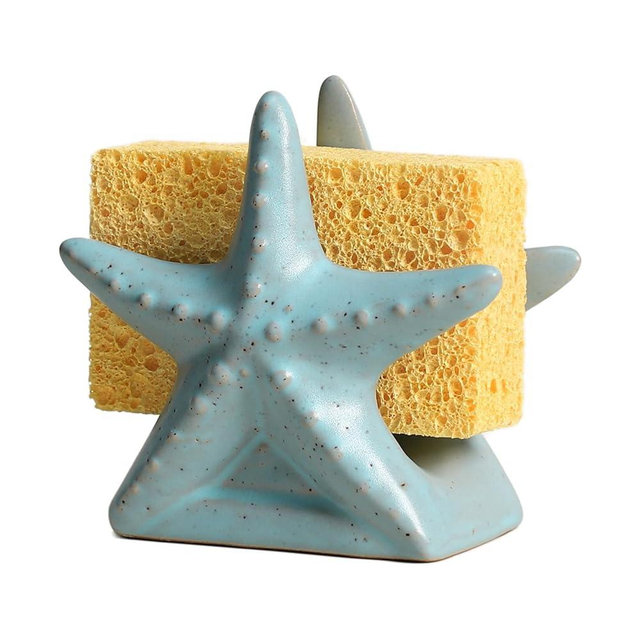 Bicuzat Ceramic Blue Starfish Sponge Holder for Kitchen Sink, Compact Sink Caddy Organizer, Scouring Pad and Dish Sponge Holder
