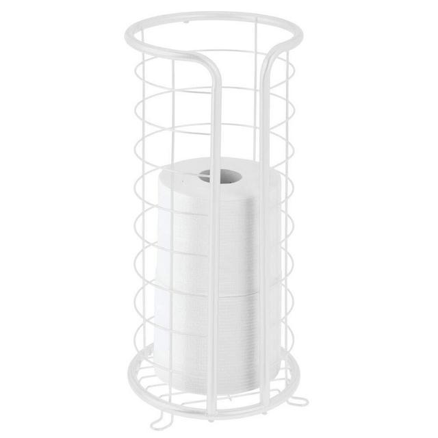 mDesign Decorative Metal Free Standing Toilet Paper Holder Stand with Storage for 3 Rolls of Toilet Tissue - for Bathroom/Powder Room - Holds Mega Rolls - White