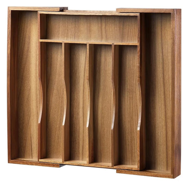 Expandable Acacia Kitchen Drawer Organizer for Cutlery and Utensils, Adjustable Acacia Wood Cutlery Tray in Drawer for Flatware and Silverware in Kitchen