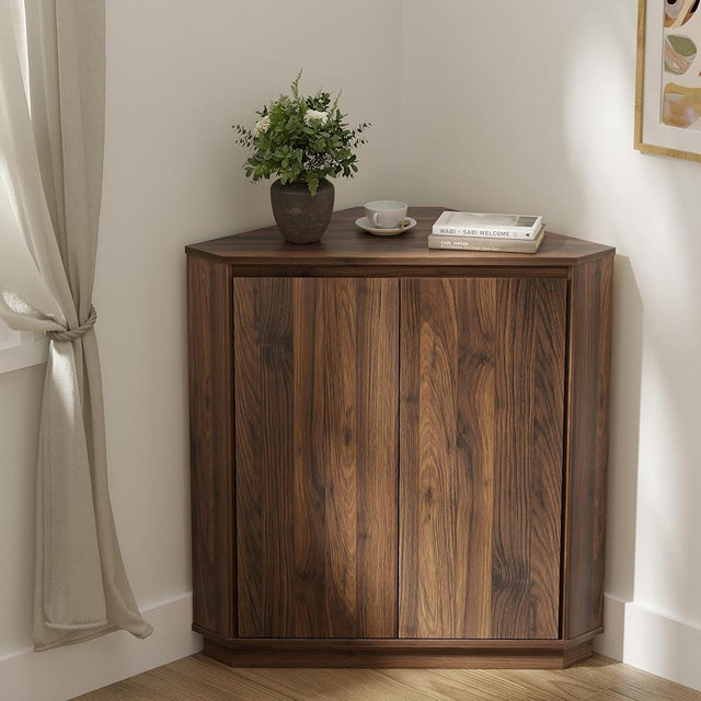 MoomJiee Corner Storage Cabinet, Small Corner Floor Cabinet with 2 Doors and 2-Tier Shelves, Modern Wooden Narrow Storage Organizer for Living Room, Kitchen, Pantry, Bathroom, Brown