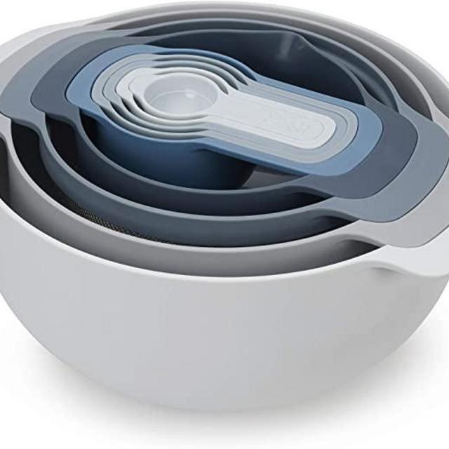 Joseph Joseph 9 Nesting Set with Mixing Bowls Measuring Cups Sieve Colander, 9-Piece, Sky