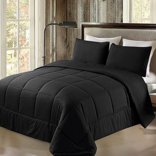 Exclusivo Mezcla Lightweight Reversible 2-Piece Comforter Set All Seasons, Down Alternative Comforter with 1 Pillow Sham, Twin Size, Black