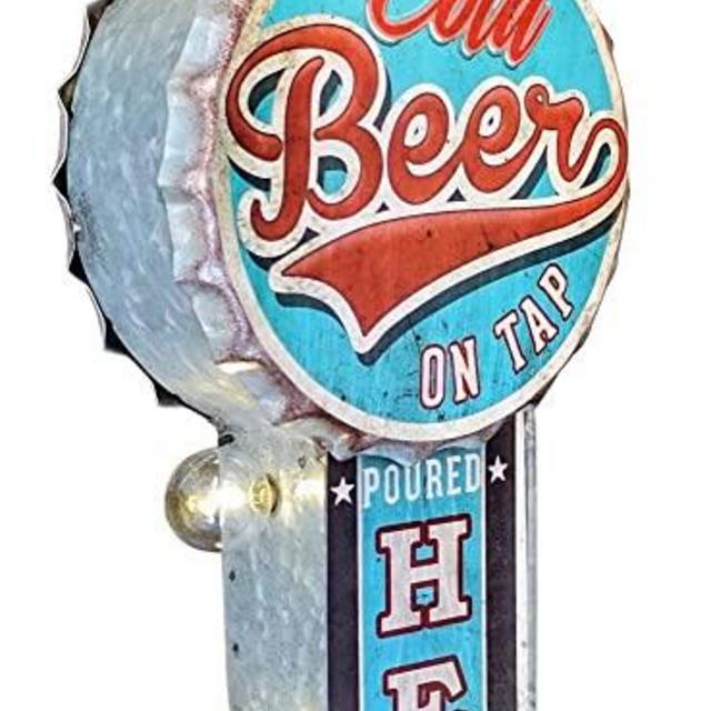 Ice Cold Beer On Tap Poured Here LED Bar Sign, Large 25" Double Sided Blue Sign with Large Marquee Style LED Light Bulbs, Battery Operated Wall Decor with A Retro Distressed and Bottle Cap Design