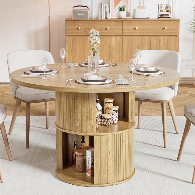 Limaoaio 47 inch Round Dining Table for 4, Farmhouse Kitchen Dining Table with 2-Layer Storage Shelf and Fluted Panel, Modern Wooden Dining Room Table for Home, Kitchen, Living Room (Wood Color)