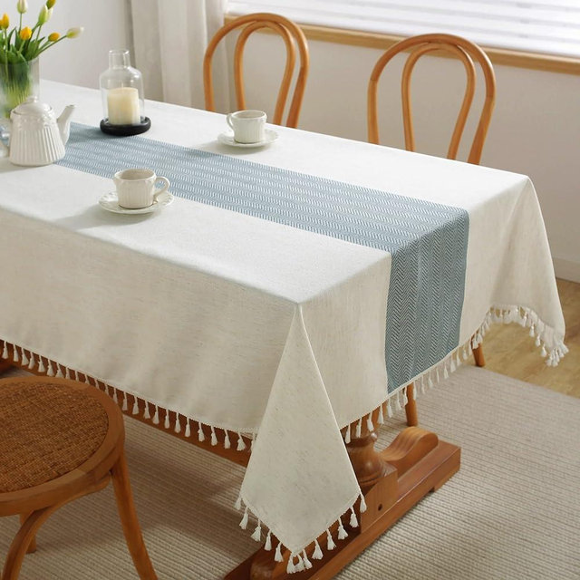 JIALE Tablecloths for Rectangle Tables,Cotton Linen Table Cloth Waterproof Tablecloth Wrinkle Free Farmhouse Dining Table Cover,Soft Fabric Table Cloths with Tassels,Blue & White,55" X 70",4-6 Seats