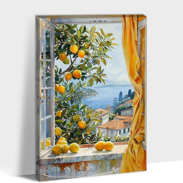 UZMKM Lemon Wall Art, Vintage Yellow Lemon Kitchen Prints, Fruit Painting for Farmhouse Dining Pantry Canvas Wall Decor, Framed Still Life Window Picture Painting for Living Room Artwork 12x18 Inch