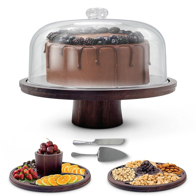 Festive Fusion Wood Cake Stand with Lid, Acacia Dessert Table Display Set with Shovel and Knife & Charcuterie Board for Cheese, Snack and Dips, Cake Plate with Acrylic Dome Multifuncional (6 in 1)