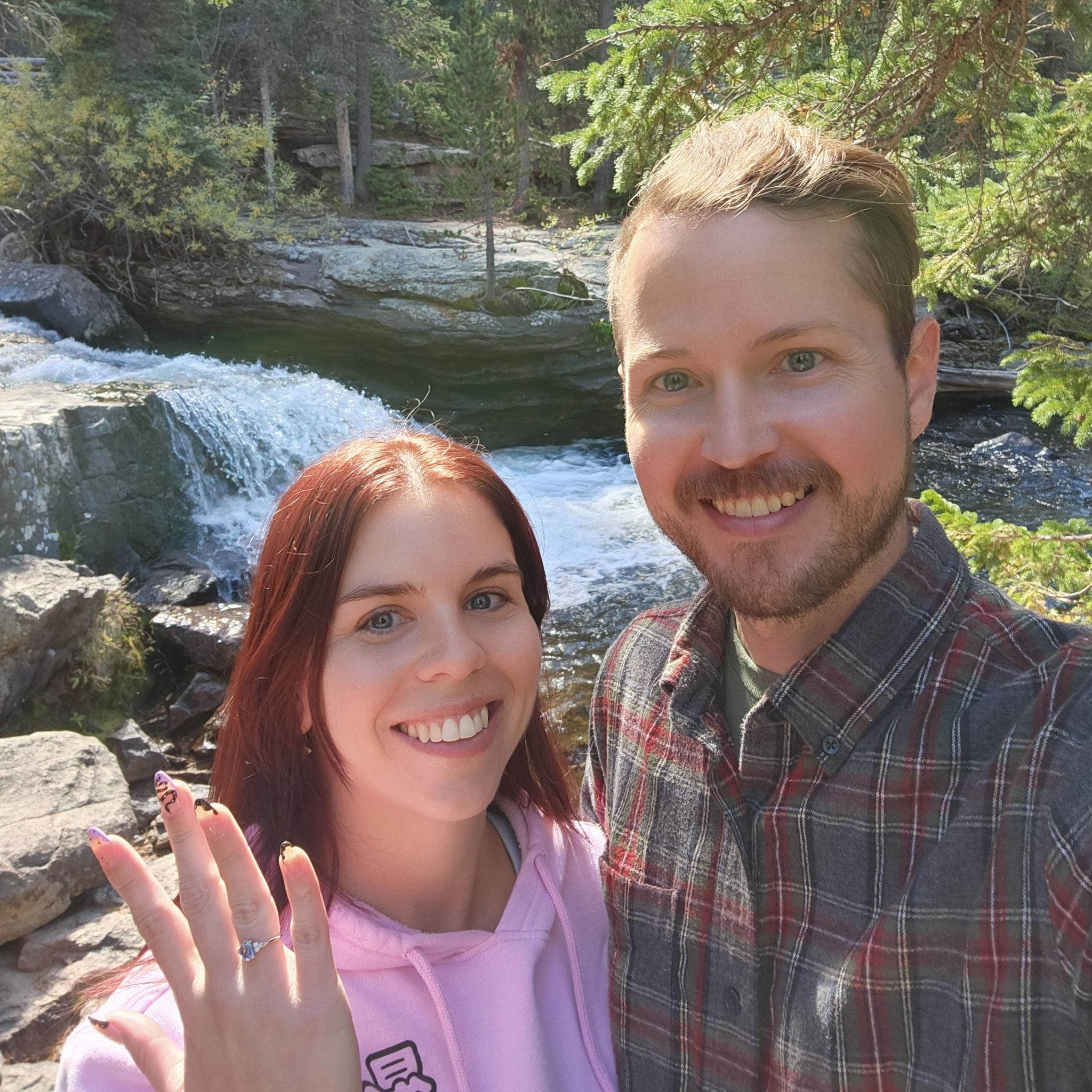 Right after getting engaged, in the Rocky Mountain NP near Copeland Falls!