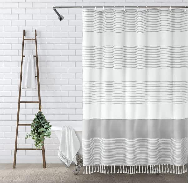 Awellife Boho Gray Shower Curtain for Bathroom Stripe Tassel Shower Curtain 72 X 78 Inches