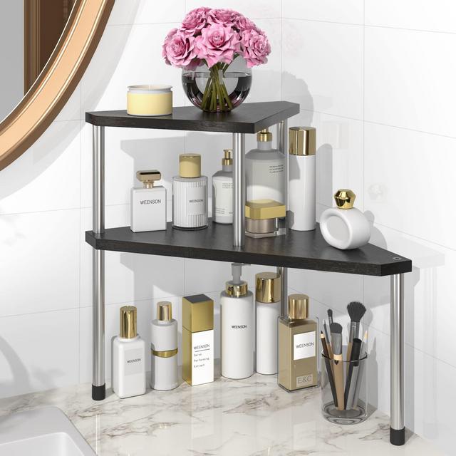 Bathroom Countertop Organizer Counter Shelf - Bathroom Organization 2 Tier Corner Shelf Bamboo display shelves Free-standing Storage Organizer for Bathroom, Kitchen, Living Room (Black)