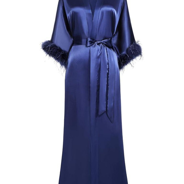 PRODESIGN Satin Kimono Robe Long Silky Bathrobe with Ostrich Feather Trim Sleepwear Wedding Bridesmaid Dressing Gown