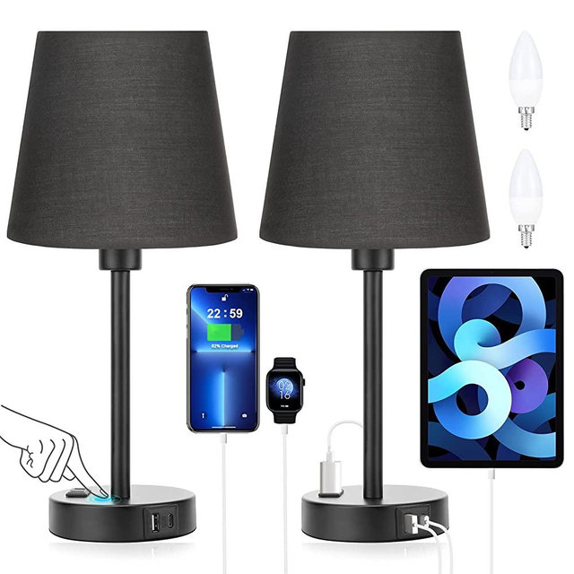 Bedside Lamp for bedrooms Set of 2 - Nightstand Bedroom Lamp with USB C Port and AC Outlet Charging, 3 Way Dimmable Touch Control Black Bed Side Table Lamp, Small Night Stand Light for Kids/Guest Room
