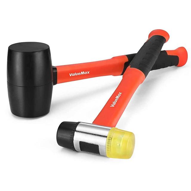 ValueMax Rubber Mallet, 16oz Rubber Mallet Hammer And 35mm Double-Faced Soft Mallet, Fiberglass Handle With Soft Grip, Solid Head, 2 Piece Black Mallet Set