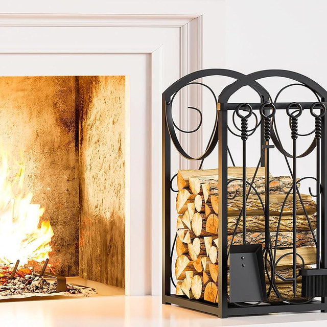 Kingson Firewood Rack Indoor Wood Holders Fireplace Tool Rack Outdoor Log Holder Rack Lumber Storage Stacking Fireplace Tools Set Wood Stove Accessories Black