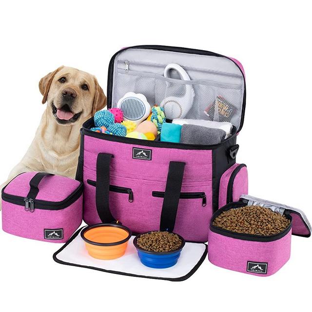 Dog Travel Bag Kit for Supplies - Large Pet Travel Bag for Dogs - Convenient Luggage Sleeve, Overnight, and Weekend Trips - Includes 2 Food Containers, 1 Organizer, 2 Collapsible Bowls Pink