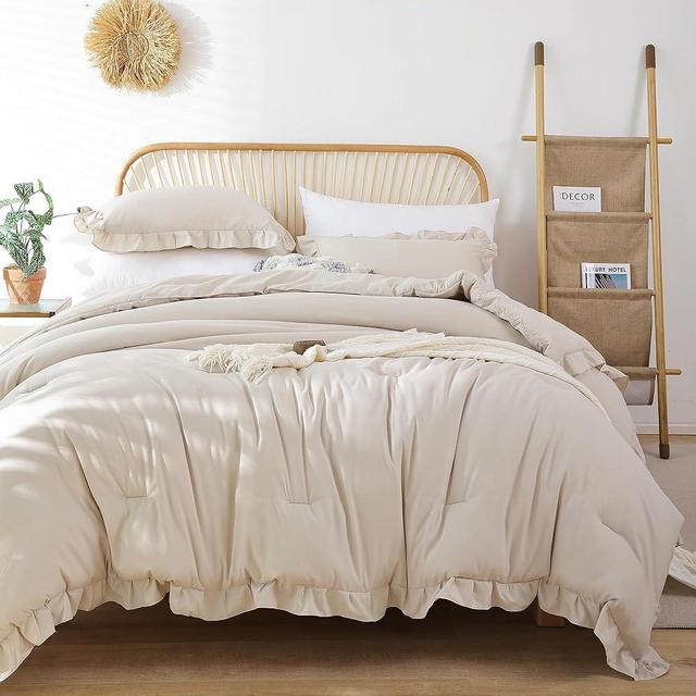 JANZAA King Size Comforter Set Beige Ruffle Comforter 3PCS Soft Fluffy Boho Comforter Vintage Farmhouse Bed Set Shabby Chic Bedding with 2 Pillowcases for All Season