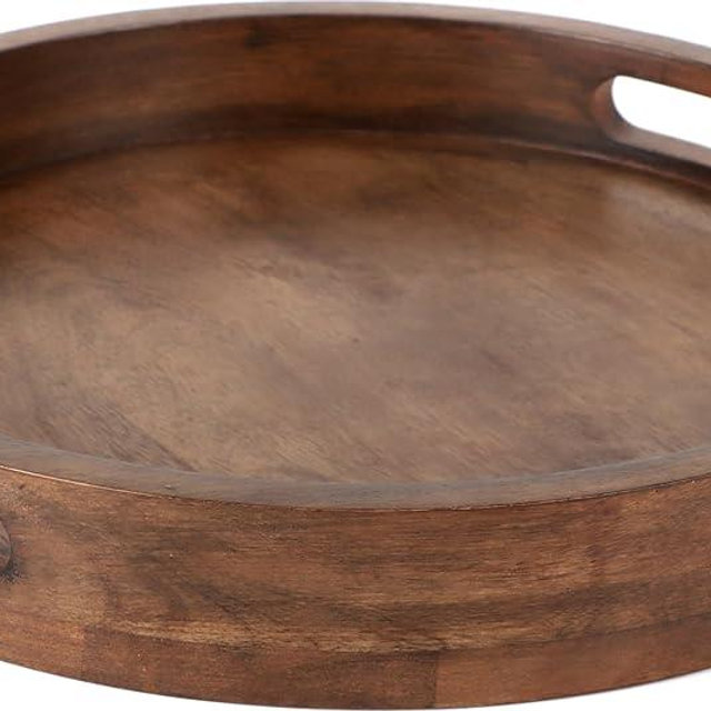 Rustic Wooden Serving Tray - 12" Round Handcrafted Ottoman Tray - Farmhouse & Vintage Centerpiece, Multi-Functional Food & Beverage Tray, Durable Décor, Indoor/Outdoor Platter (Walnut) - CLEENTABLE
