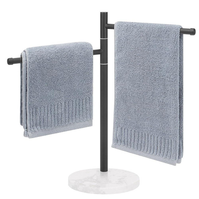 Winmien Standing Hand Towel Holder, Hand Towel Stand with Marble Base, 304 Stainless Steel Towel Rack with 2 Swivel Arm, Countertop Stand Towel Ring Towel Bar for Bathroom (Matte Black, Round)