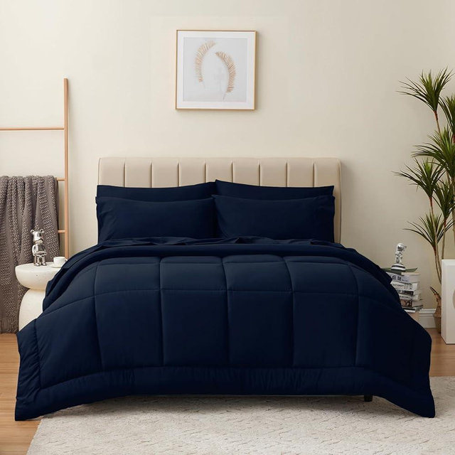 CozyLux King Size Comforter Set - 7 Pieces Bed in a Bag Set Navy Blue, King Bedding Set with All Season Quilted Comforter, Flat Sheet, Fitted Sheet, Pillowcases