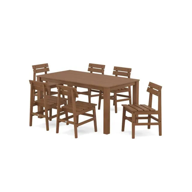 POLYWOOD 7pc Modern Studio Plaza Chairs and Parsons Table Outdoor Patio Dining Set Teak: Weather-Resistant, Stainless Steel Hardware
