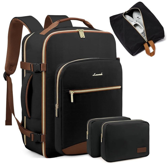 LOVEVOOK 50L Large Travel Backpack for Women Men Fits 17 Inch Laptop, Carry on Backpack for Traveling on Airplane, Personal Item Bag Airline Approved, Business Causal Weekender Backpack, Black-Brown