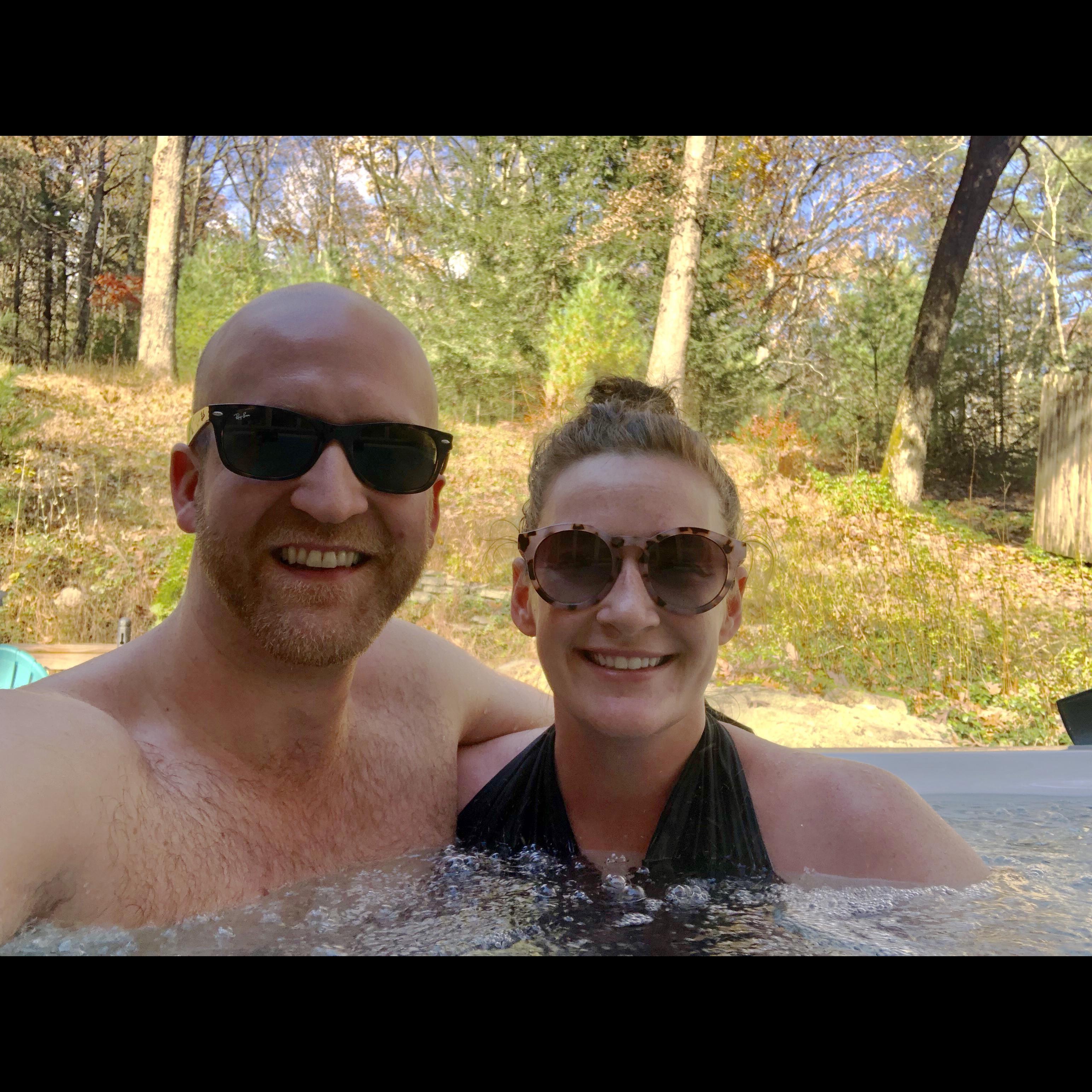 In the hot tub at our favorite mountain cabin.