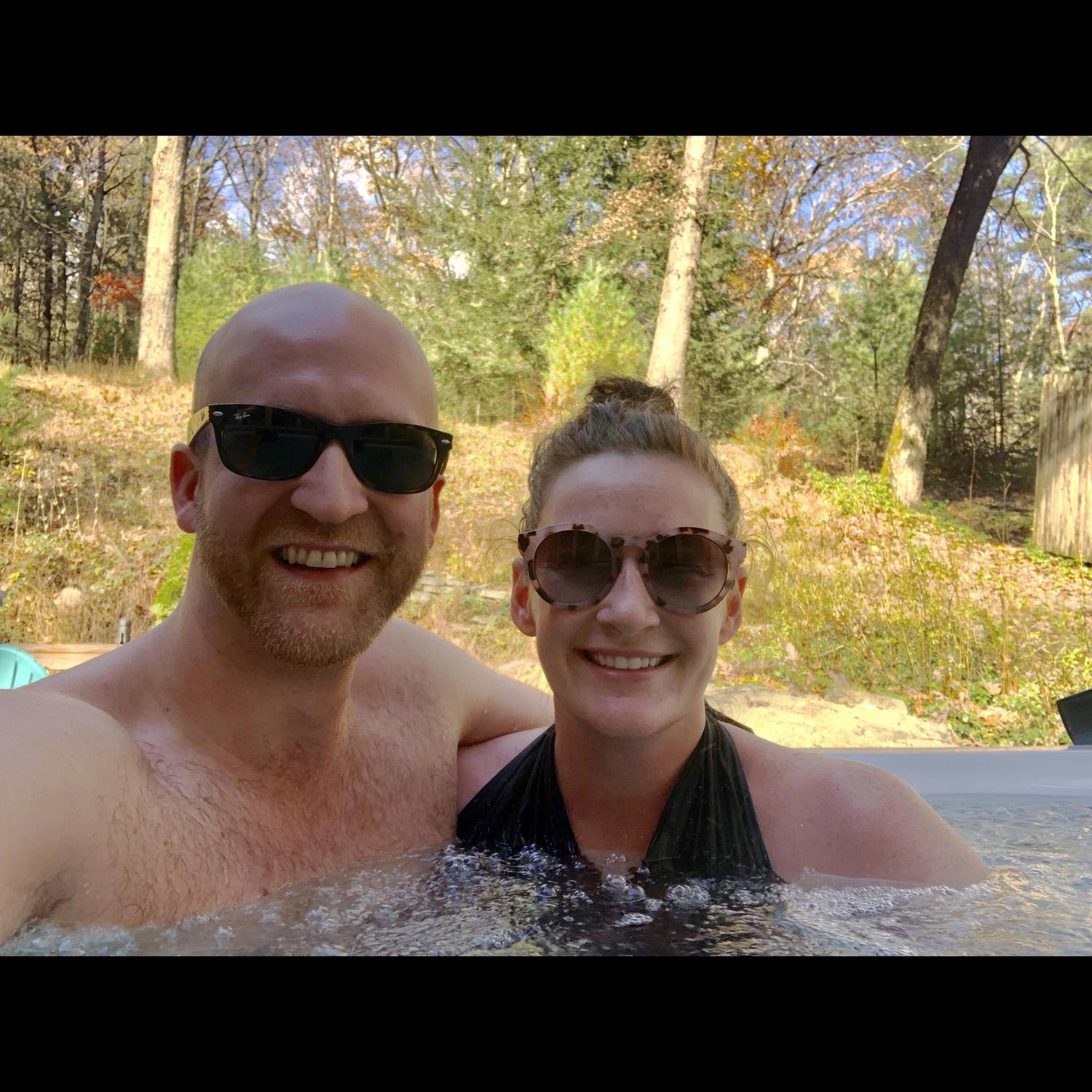 In the hot tub at our favorite mountain cabin.