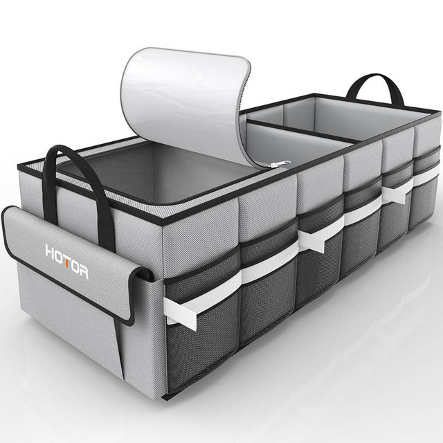 HOTOR Trunk Organizer - Car Organizer with Built-In Leakproof Car Cooler, Collapsible Trunk Organizer with Cooler for Car, SUV, Sedan, with Base Panel (3 Compartments, Grey),31.9"×12.6"×10.6"