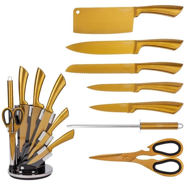 Gold Knife Set with Block and Rod-Sharpener, 8 Pieces Titanium-Coated Stainless Steel Gold Kitchen Knife Sets,Super Sharp Cutlery, Cleaver, Scissors, Gifts
