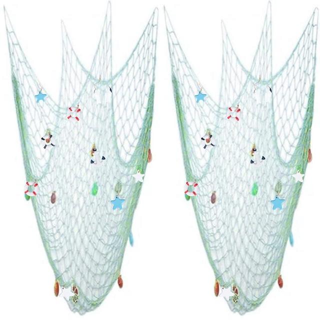 Nature Fish Net Wall Decoration with Shells, Ocean Themed Wall Hangings Fishing Net Party Decor for Pirate Party,Wedding,Photographing Decoration (2pack-Aqua/Aqua)