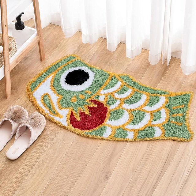 Feblilac Cute Bathroom Rug Soft Green Fish Bath Rugs, Japanese Koi Decor Accent Rug, Microfiber Non-Slip Mat for Tub Shower Room Floor Carpet, Machine Wash 17.7"x33.5"
