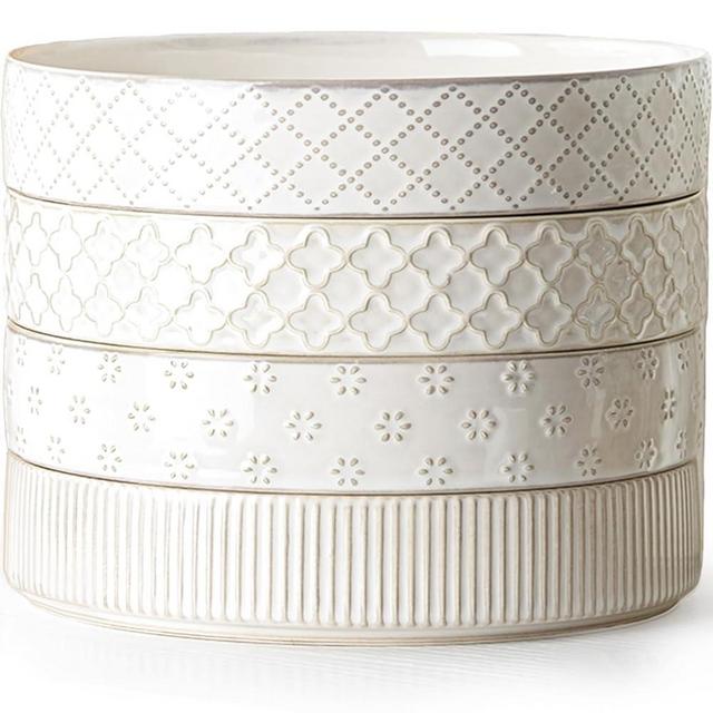 getstar 7.5" Ceramic Pasta Bowls Set of 4, Deep Stoneware Pasta Plates Salad Shallow Bowls Plates for Serving Soup Dinner, Microwave & Dishwasher Safe, Textured Stripes & Speckled White
