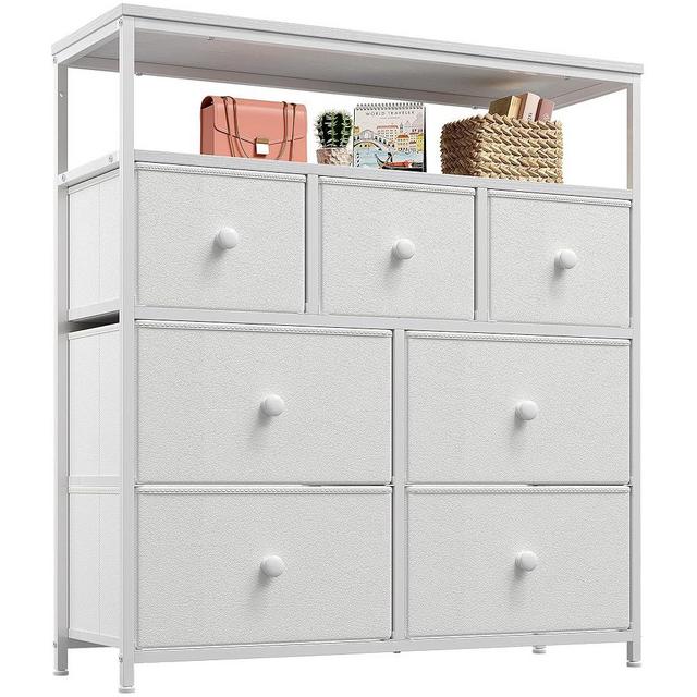 EnHomee White Dresser for Bedroom with 7 Drawers and 2 Shelves, White TV Stand Dresser with Wooden Top and Metal Frame, Tall Dressers & Chest of Drawers for Bedroom, Closets, White