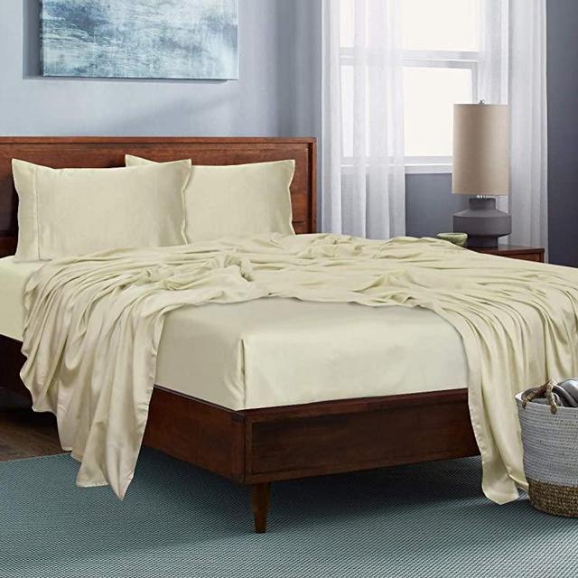 LINENWALAS 100% Tencel Lyocell Bed Sheets Set 4PC- Softest Cooling Eucalyptus Sheets in Gift Bag (Queen, Vanilla)