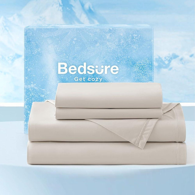 Bedsure Cooling Sheets King Size, Cooling Bed Sheets for Hot Sleepers, Chill Cool Sheet, Deep Pocket Up to 17.5 Inches, Soft & Breathable King Size Sheets Set, 4 Pieces, Beige