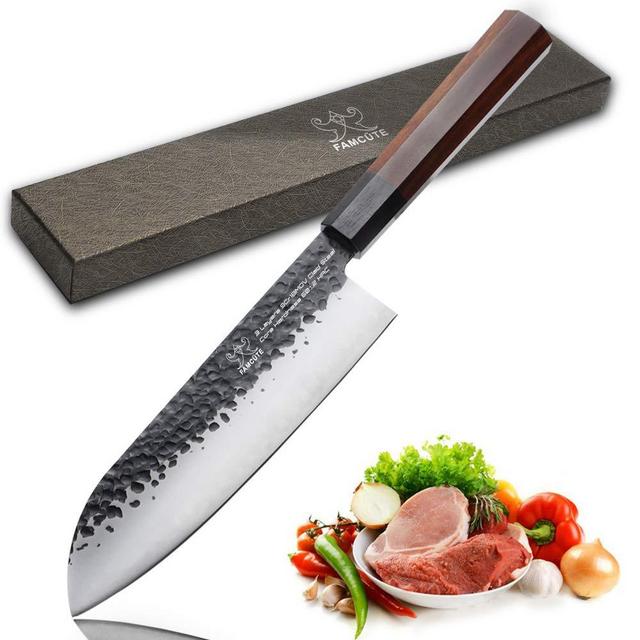 FAMCÜTE 7 inch Santoku knife, Made of 3 Layers of 9CR18MOV Clad Steel w/Octagon African Rosewood Handle Japanese Chef's Knife