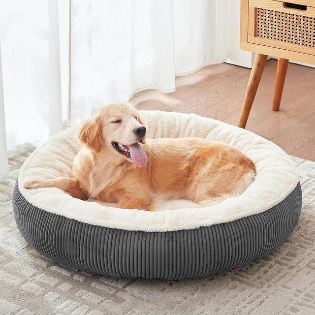 BedStill 36 inches Donut Dog Bed for Large Dogs - Calming Round Pet Bed with Removable&Washable Cover, Plush Faux Fur & Corduroy, Fits Pets up to 80 lbs(Dark Grey, Large)