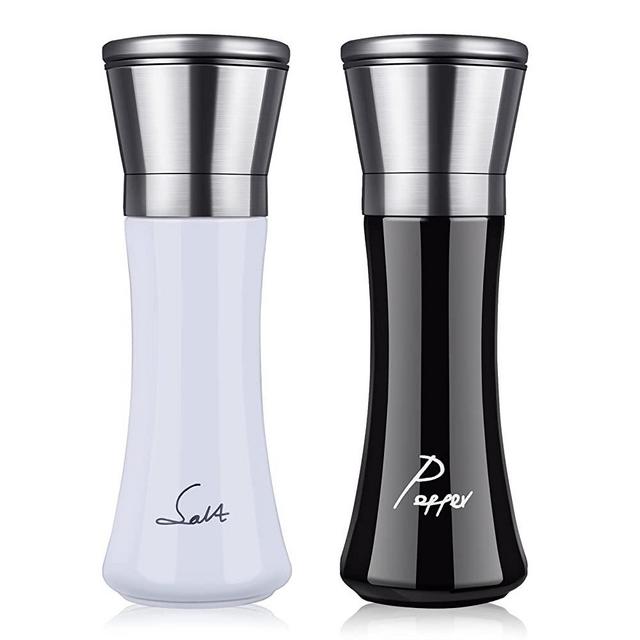 RedCall Refillable Salt Pepper Grinder Set Black and White,Adjustable Stainless Steel Salt & Pepper Mill Grinder for Spices and Seeds,Elegant Salt Pepper Grinder Shakers,Tall Glass Pepper Salt Mill