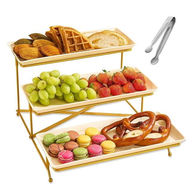 YOLIFE 3 Tier Serving Tray with Collapsible Sturdier Gold Rack, Tiered Serving Tray for Fruit Dessert Party Display, 14 inch (Cream)