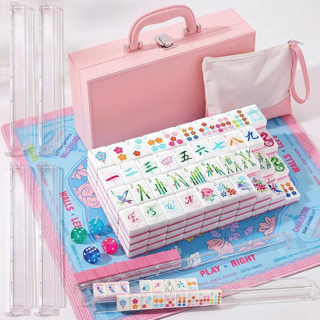 LaRandom Pink 1.2 Inch American Mahjong Set 168 Bloom Floral Double Layer Acrylic Tiles with Mat Racks Pushers Carrying Box and Bag Complete Mahjong Tile Set for Collection Gifts Party Game (Medium)