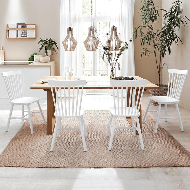 LUE BONA 4PC 18" White Windsor Dining Chairs Set, Spindle Back Wood Dining Chair, Sturdy Solid Hardwood Construction, Easy Assembly, Ideal for Kitchen and Dining Room