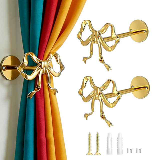 2 Pack Elegant Gold Large Bow Curtain Holdbacks, Versatile Wall - Mounted Tiebacks with Screws for All Curtain Styles, Decorative Holders for Living Room, Bedroom & Office