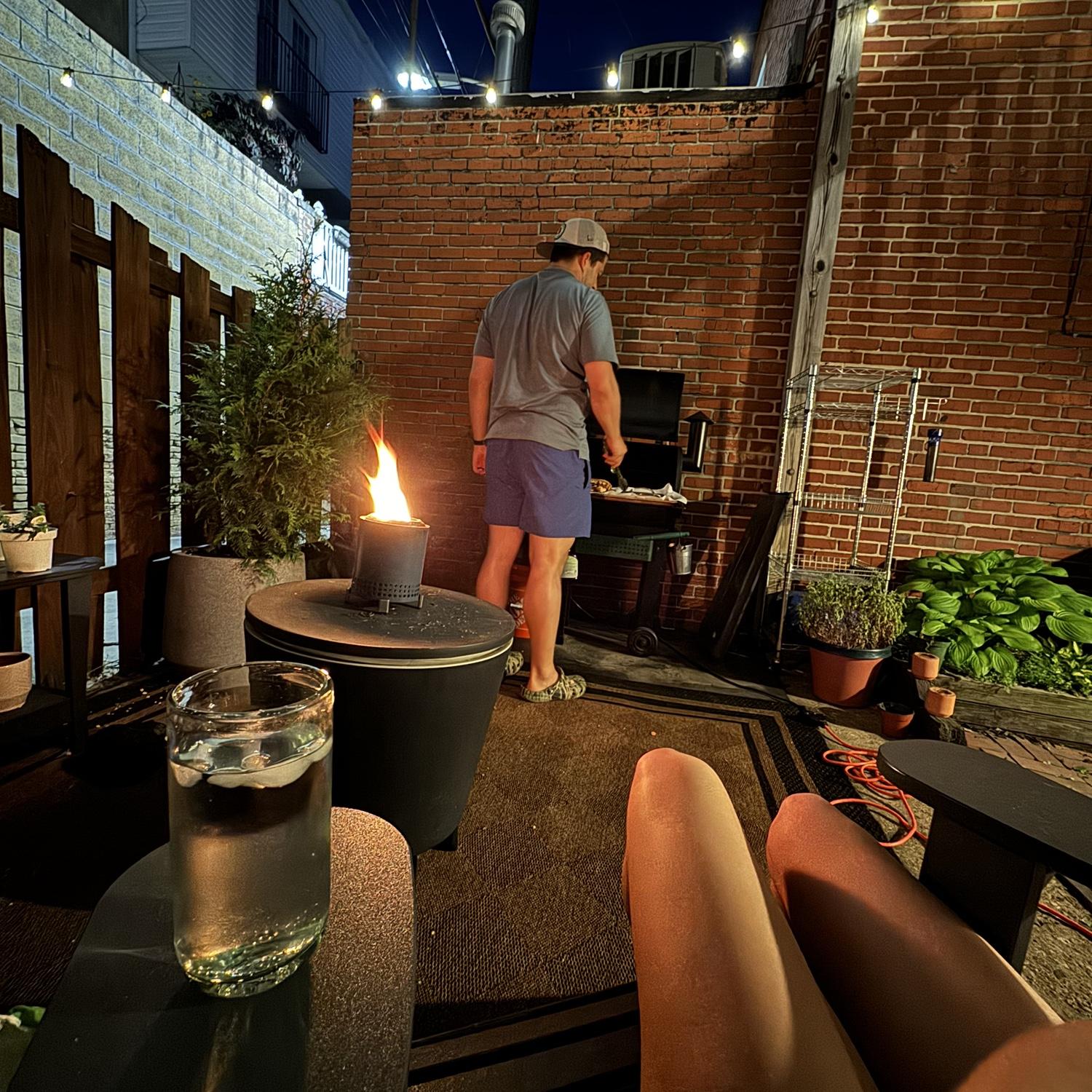 Grilling on a cool summer night in our backyard in Canton, in Baltimore