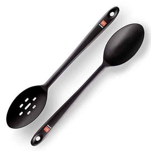 Di Oro Seamless Series 2-Piece Silicone Spoon Set - 600F Heat-Resistant Rubber Non-Stick Slotted and Solid Spoons for Mixing and Serving - LFGB Certified and FDA Approved Pro-Grade Silicone – Black