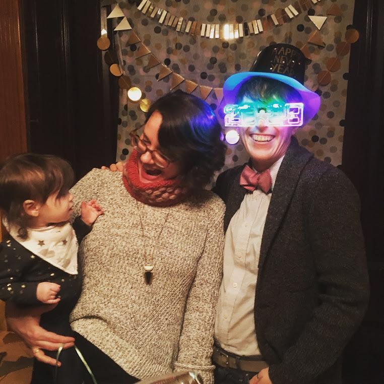 NYE party, 2017 (with a cameo by our friends' Amy and Noel's kid!)