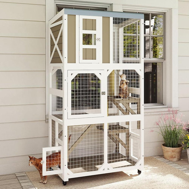 Ketive 64" Large Wooden Catio Outdoor Cat Enclosure, Window Cat House with Wheels & 3 Platforms, Kitty Cage with Weatherproof Roof for Multiple Cats (Gray)