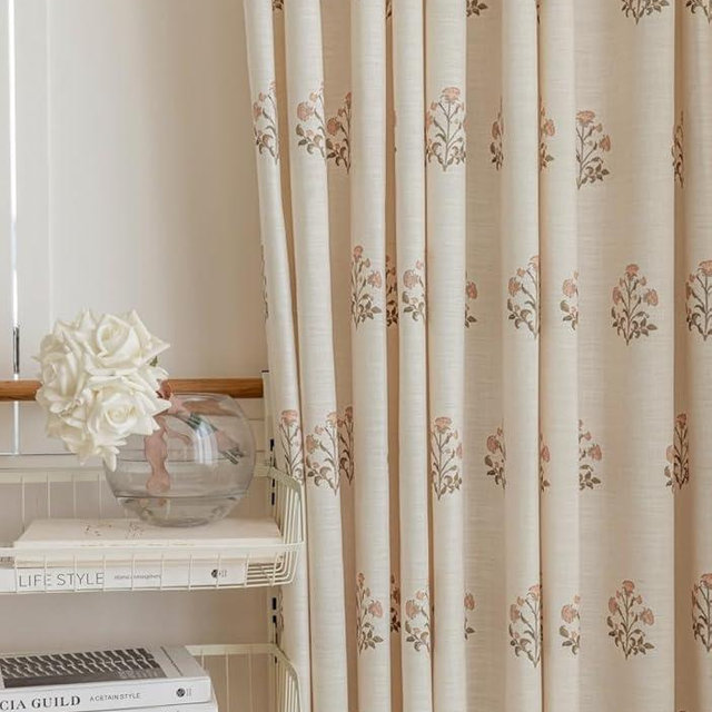 DrapePalette - Linen Blend Pinch Pleated Curtains 84 Inches Long for Living Room, Bedroom, Dining Room, Light Filtering Curtains 2 Panels Set, Modern Floral Printed Design, Beige White, 30" W x 84" L