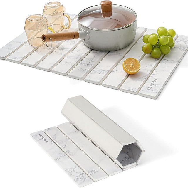 KEYCHAD Large Stone Drying Mat for Kitchen Counter - 24x16 Quick Drying Collapsible Dish Drying Mat - Super Absorbent Diatomaceous Earth Mat - Stone Dish Drying Mat for Cups Dishes
