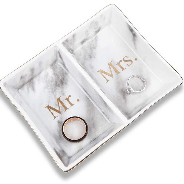 Aller Home & Kitchen Mr. & Mrs. Ring Dish Jewelry Plate (Marble Design) - His and Hers Two Section Trinket Tray for Wedding and Engagement Rings, Earrings, Bracelets, Necklaces, Watches, Couples Gifts