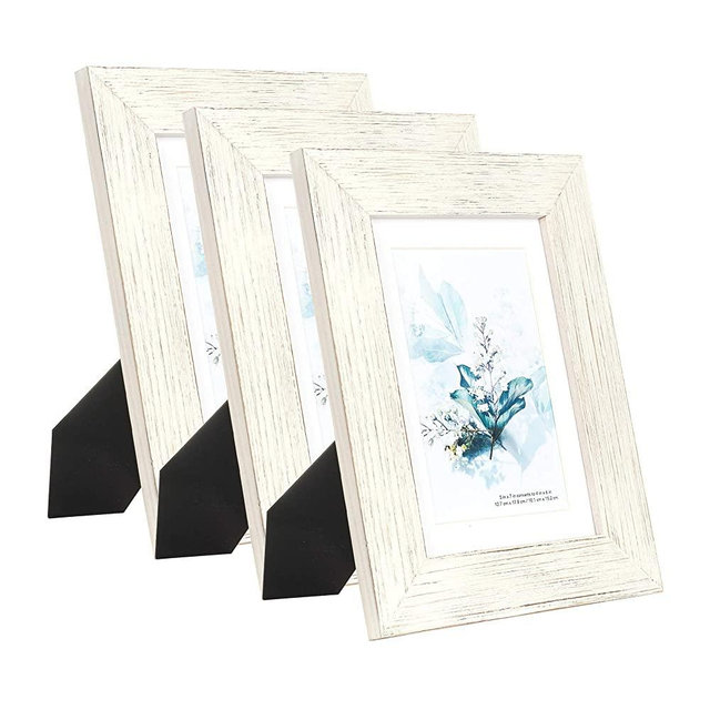 KAIWIN 100% Solid Wood White 5x7 Picture Frame 3 Pack - Display Picture 4x6 with Mat, HD Glass Inside, Rustic Wooden Photo Frames for Table Top and Wall Mounting